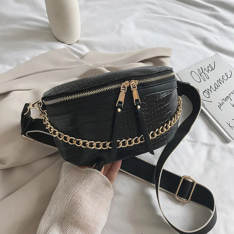 SWDF Chain PU Leather Crossbody Bag Women Shoulder Handbag Small Chest Bag