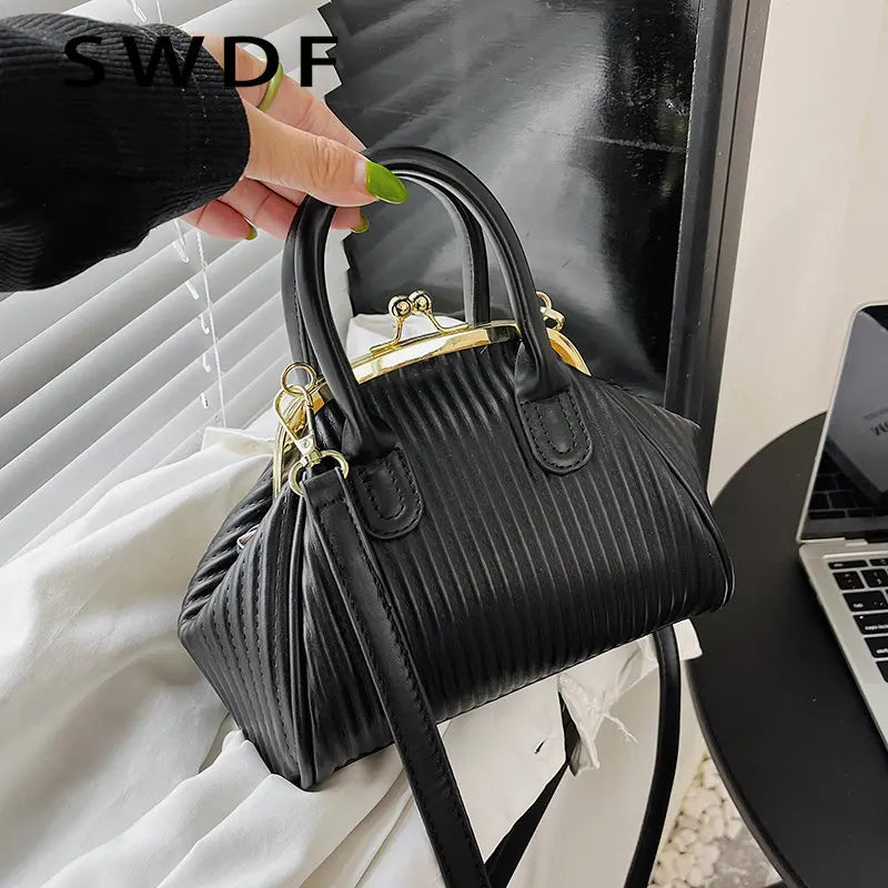 Pleated Handbag with Handle Lattice Shoulder Bag for Women Clutch Purses