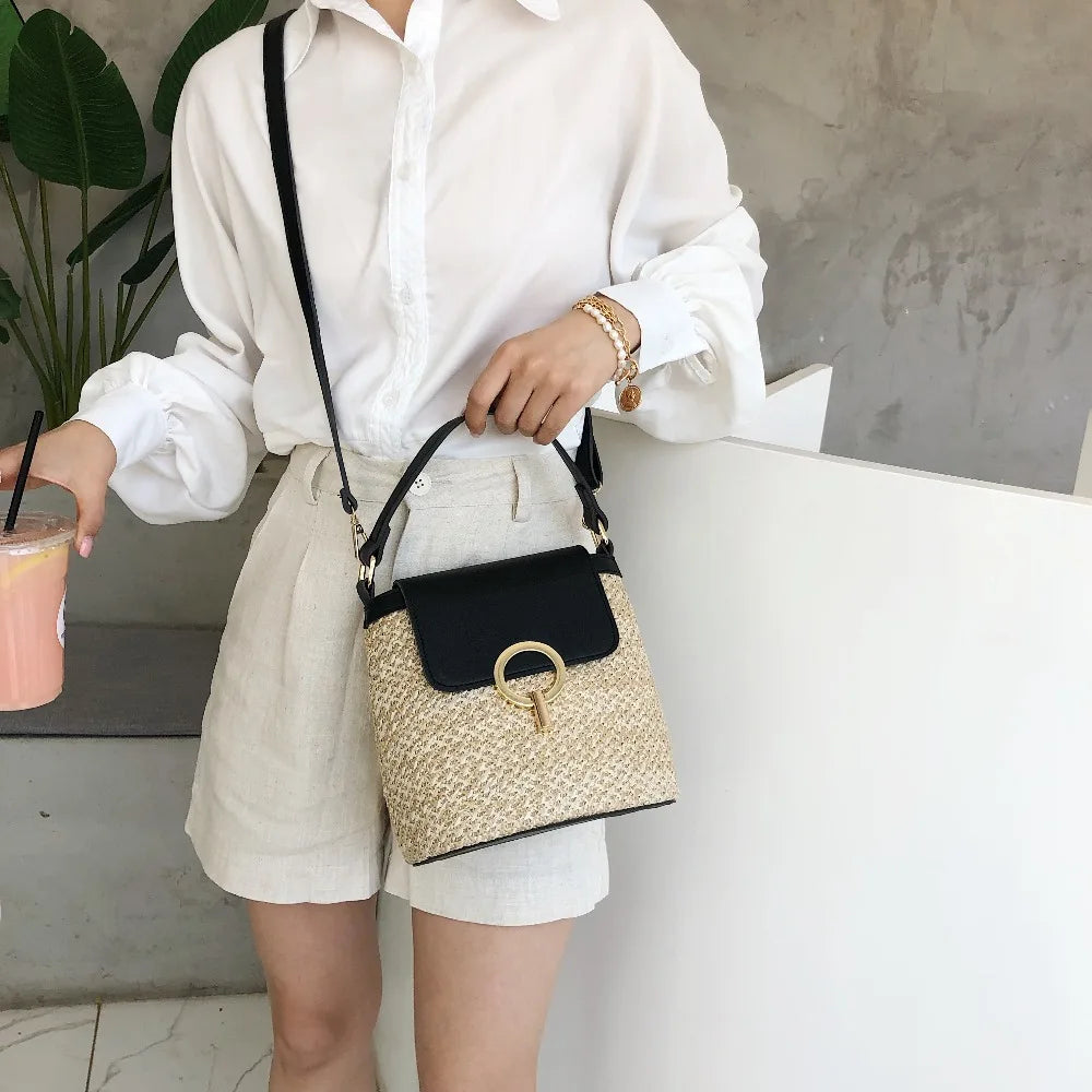 Straw Bucket Bags Women Crossbody Summer Purses Handbags Shoulder Bag