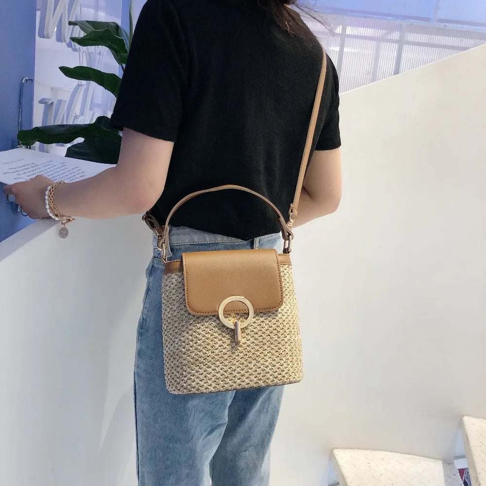 Straw Bucket Bags Women Crossbody Summer Purses Handbags Shoulder Bag