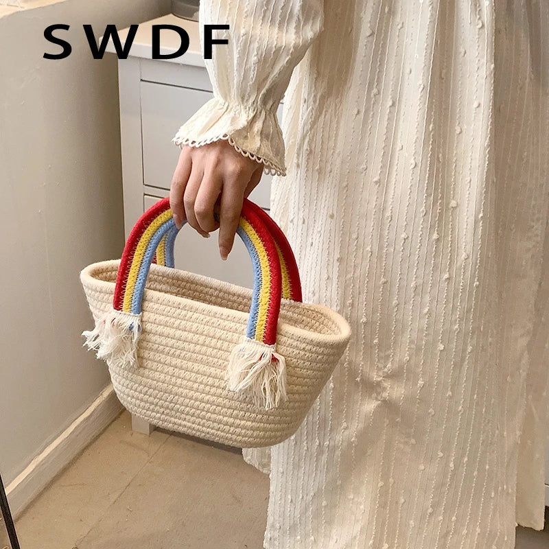 Soft Fabric Rainbow Handle Small Top Handle Tote