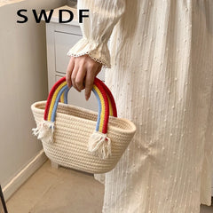 Soft Fabric Rainbow Handle Small Top Handle Tote