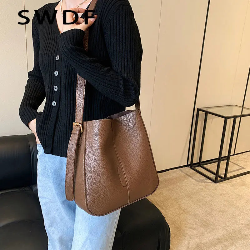 SWDF Solid Bucket Bags for Women Winter Handbag Shoulder Bag