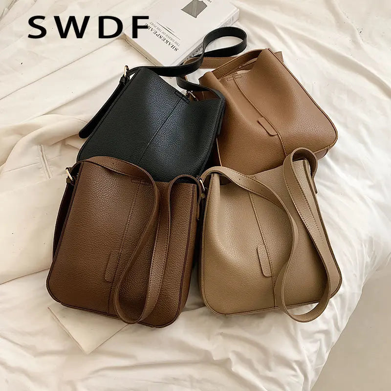 SWDF Solid Bucket Bags for Women Winter Handbag Shoulder Bag