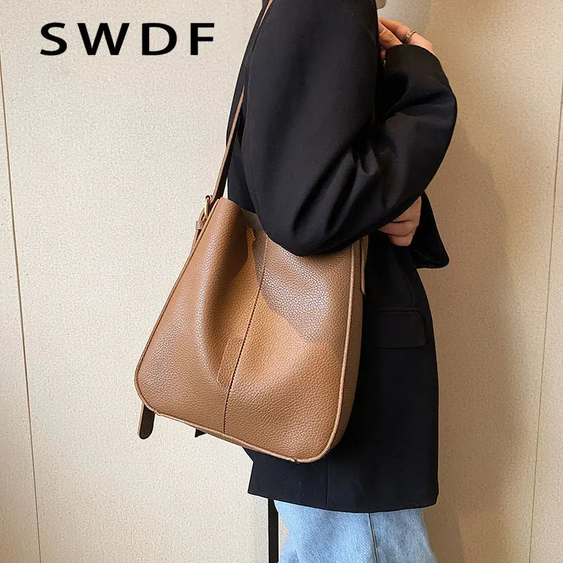 SWDF Solid Bucket Bags for Women Winter Handbag Shoulder Bag