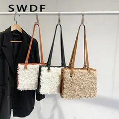 Vintage Faux Suede Lambswool Tote Bag for Women - Shoulder Handbag