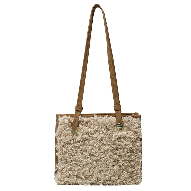Vintage Faux Suede Lambswool Tote Bag for Women - Shoulder Handbag