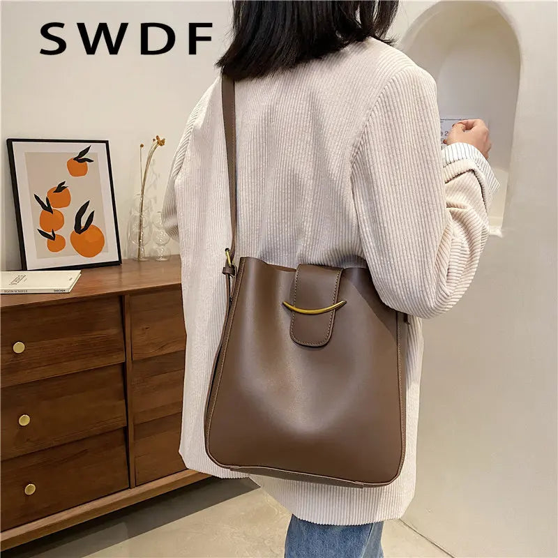 Vintage PU Leather Bucket Crossbody Bag for Women