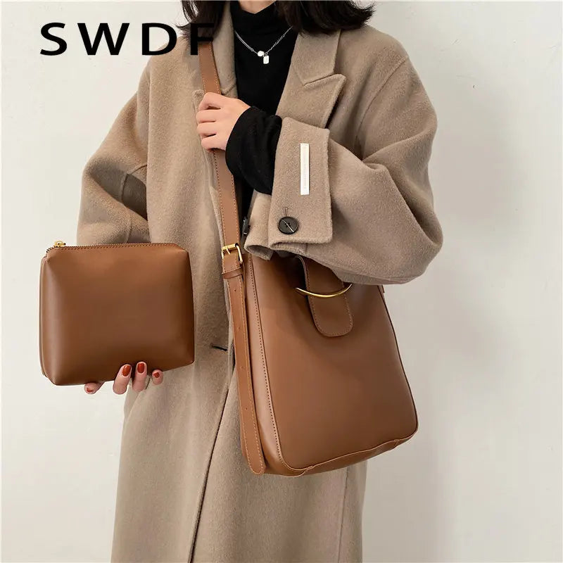 Vintage PU Leather Bucket Crossbody Bag for Women