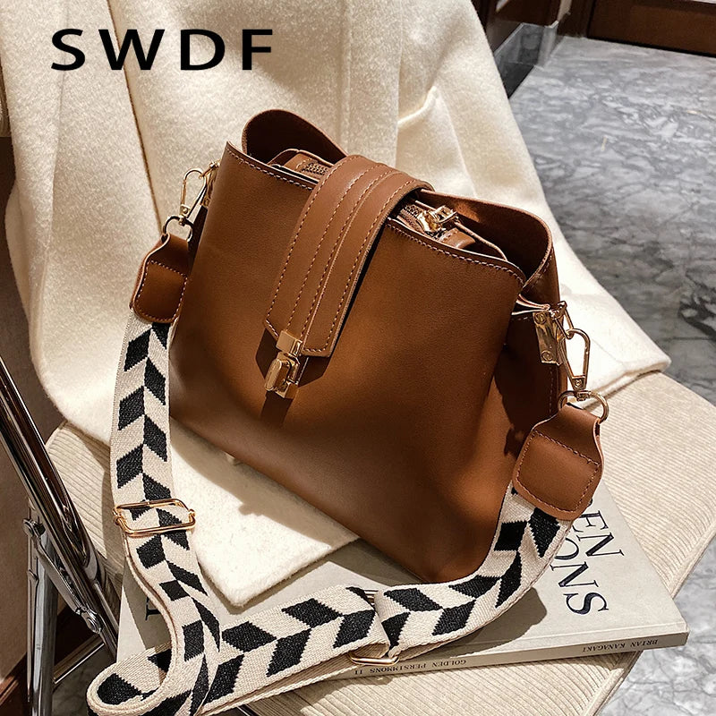 Vintage Small PU Leather Bucket Crossbody Bags for Women Lady