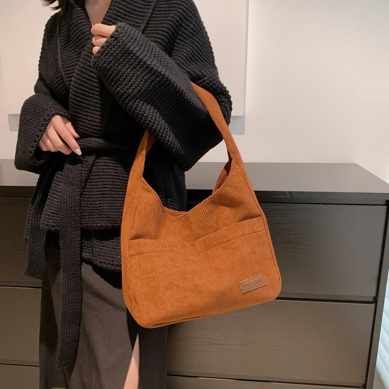 Winter Striped Corduroy Shoulder Bag Tote Soft Handbag for Women