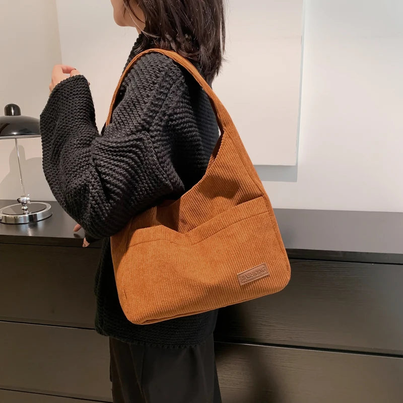 Winter Striped Corduroy Shoulder Bag Tote Soft Handbag for Women