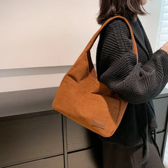 Winter Striped Corduroy Shoulder Bag Tote Soft Handbag for Women