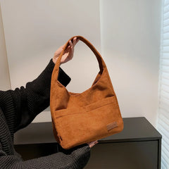 Winter Striped Corduroy Shoulder Bag Tote Soft Handbag for Women