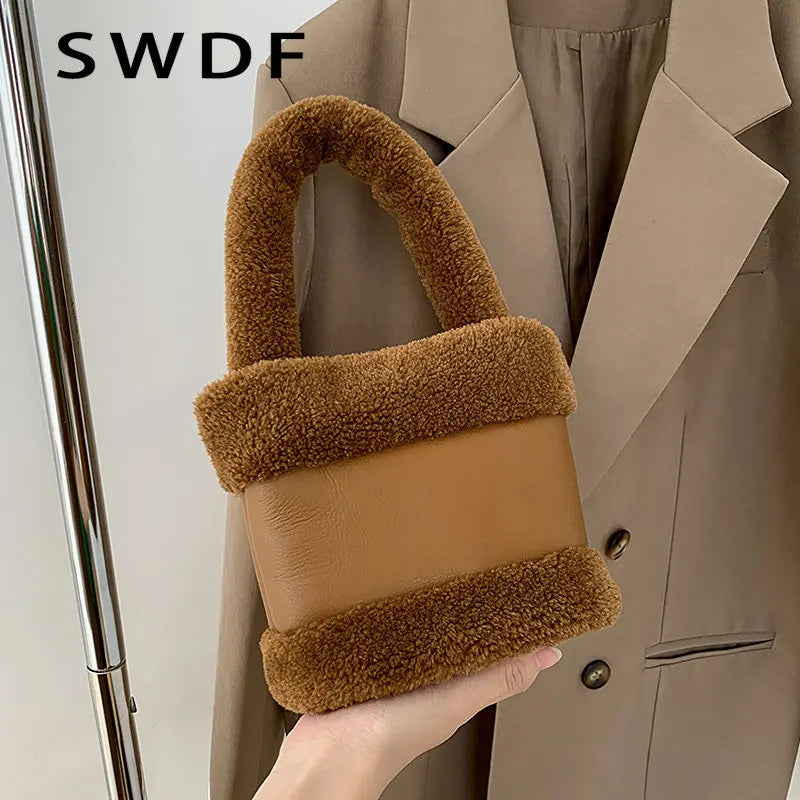 Winter Faux Fur Teddy Plush Tote Bag Small Handbag Shoulder Women Bucket Bags