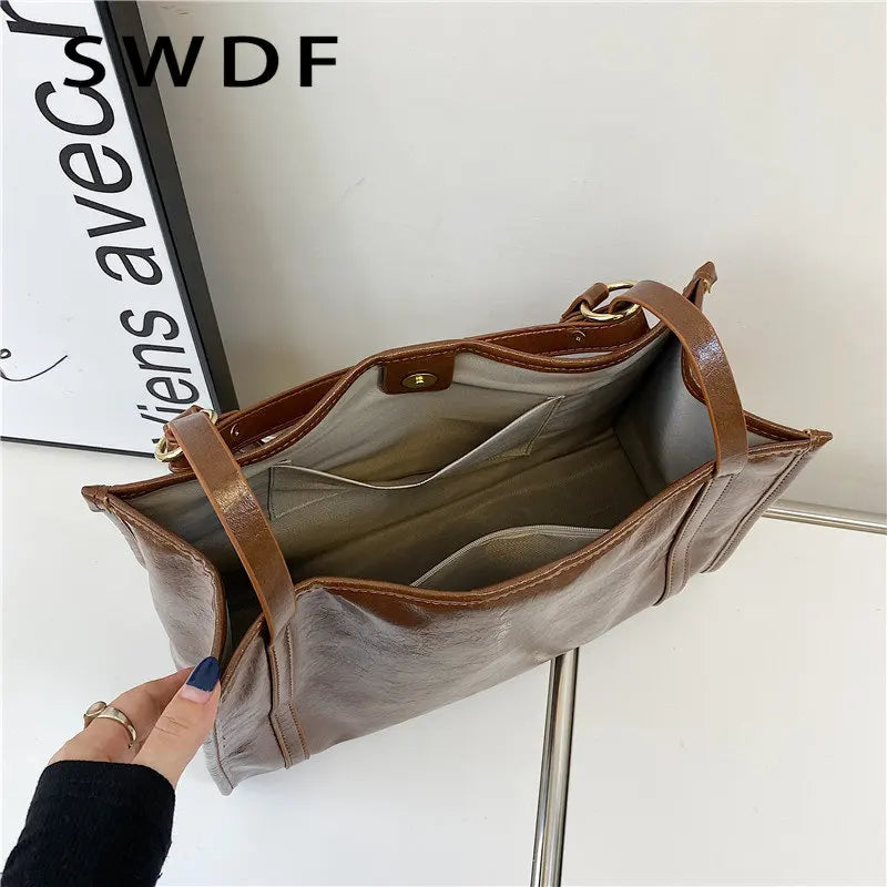 Women Oilskin Shoulder Bag Soft Leather Big Bag Casual Satchel Sac Bolsa