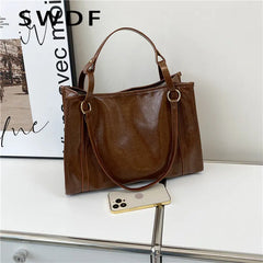Women Oilskin Shoulder Bag Soft Leather Big Bag Casual Satchel Sac Bolsa