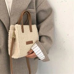Women Winter Shoulder Bag Lamb Wool Warm Square Cross-body Beige Khaki