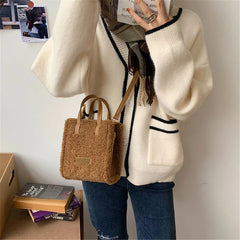 Women Winter Shoulder Bag Lamb Wool Warm Square Cross-body Beige Khaki