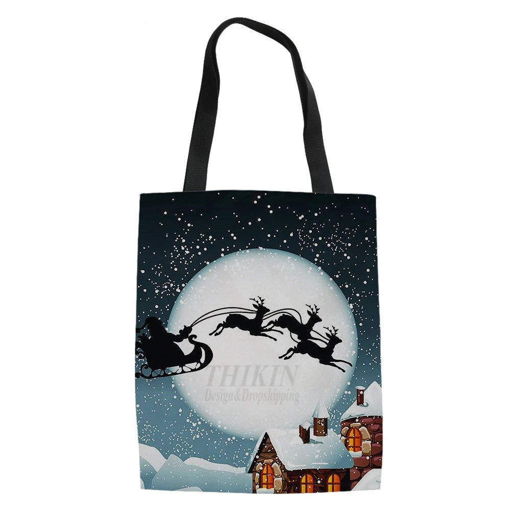 Santa Claus Print Eco Women Shopping Large Capacity Canvas Pouch