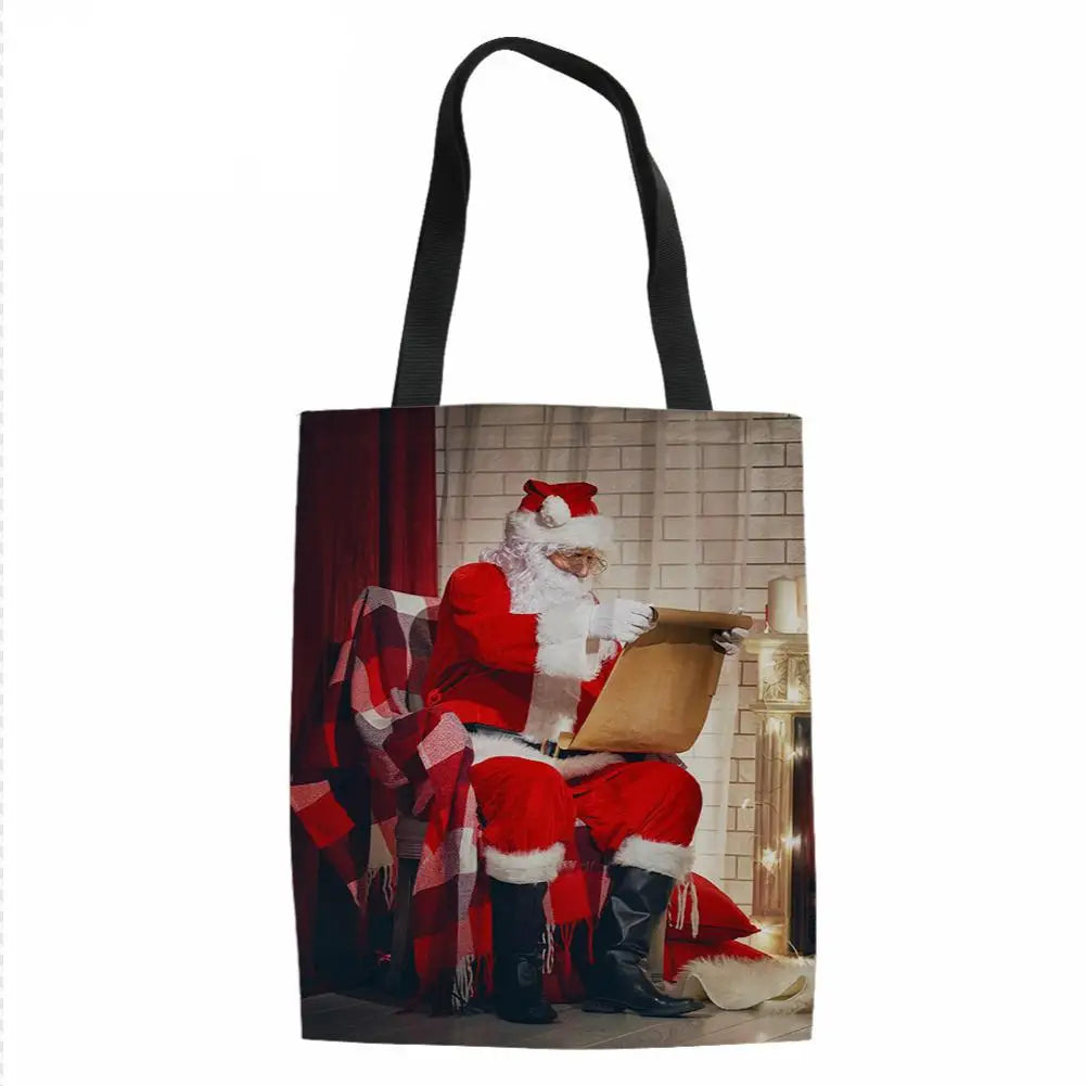 Santa Claus Print Eco Women Shopping Large Capacity Canvas Pouch