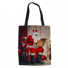 Santa Claus Print Eco Women Shopping Large Capacity Canvas Pouch