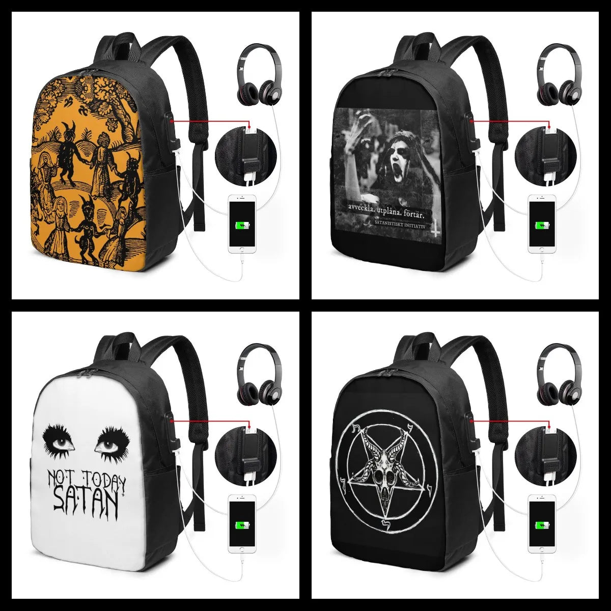 Satan Backpack USB Dance w/ The Devil Student Bag Multifunction