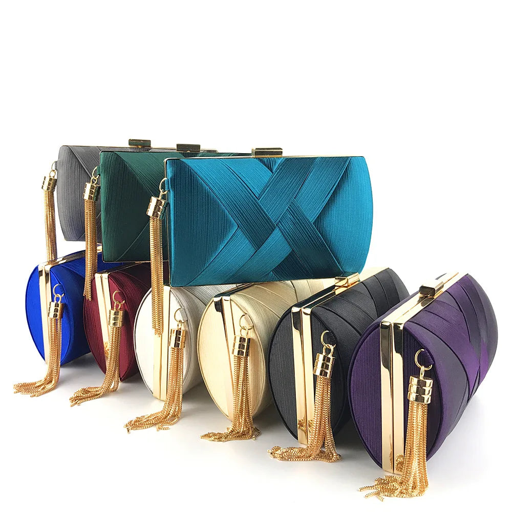 Satin Criss Cross Clutch Bag for Women Evening Party Tassel Chain Handbag