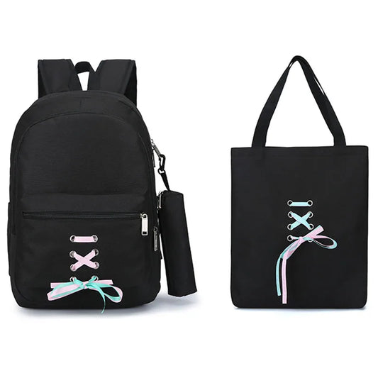 Teen Girls Canvas School Backpack Set Lace Shoulder Bag High Capacity 3 Pcs