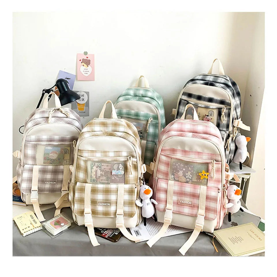 Girls Plaid Nylon Laptop Backpack Large Capacity School Bag