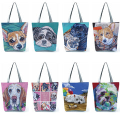 Oil Painting Dog Printed Animal Tote Shoulder Bag Large Capacity