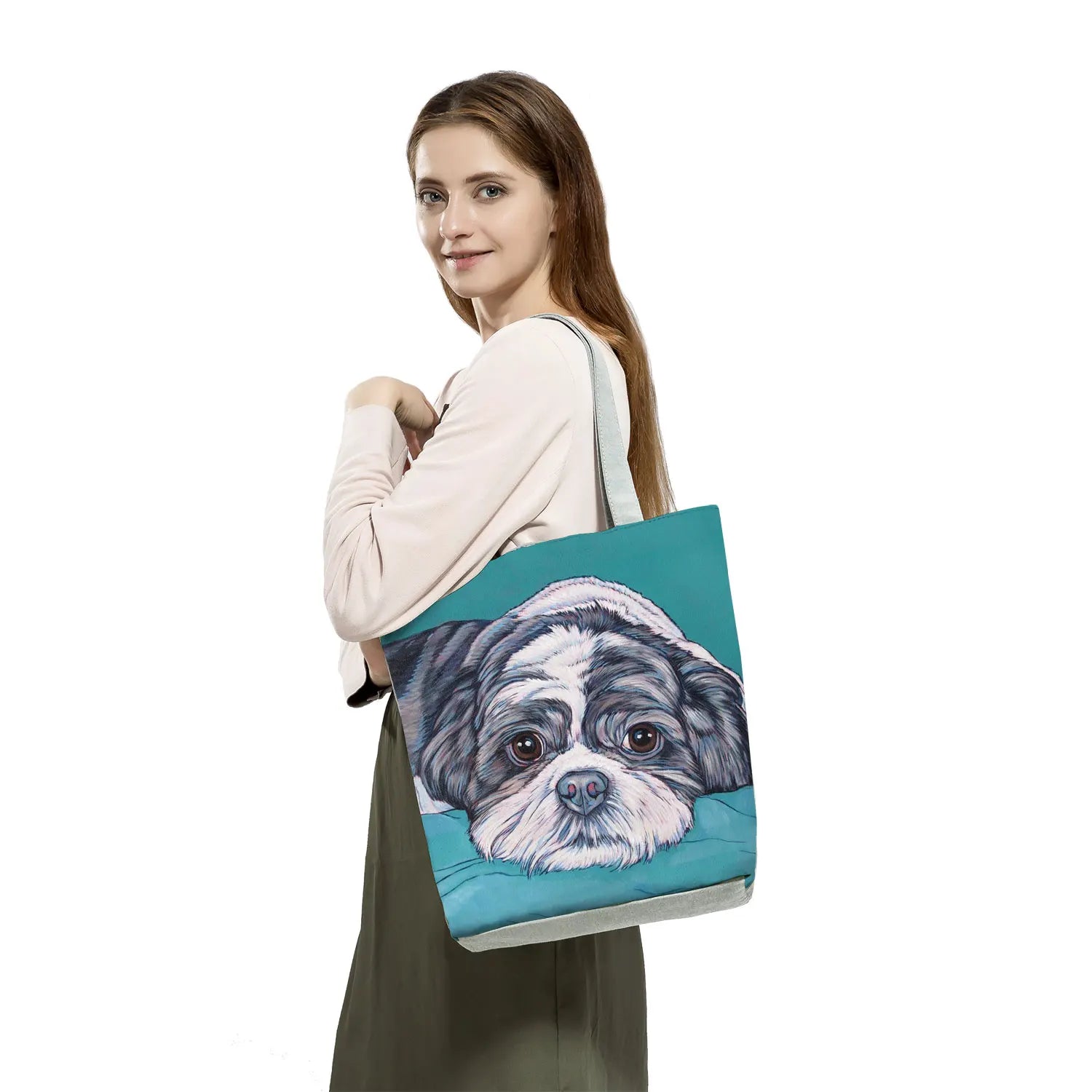 Oil Painting Dog Printed Animal Tote Shoulder Bag Large Capacity
