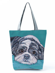 Oil Painting Dog Printed Animal Tote Shoulder Bag Large Capacity