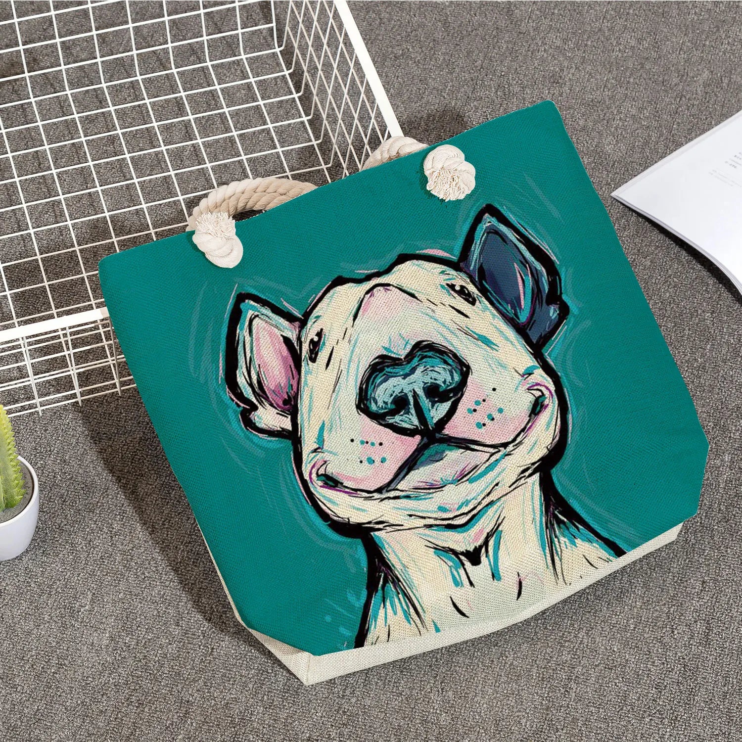 Bull Terrier Dog Print Shoulder Bag Funny Painting School Travel Tote