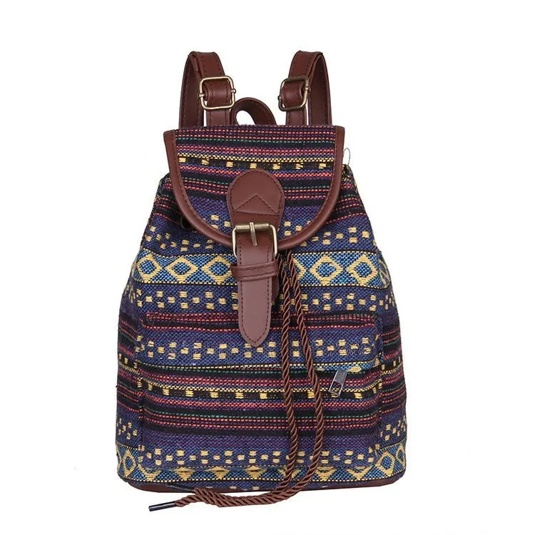Canvas Ethnic Women's Backpack Drawstring Bucket Bag School Bag
