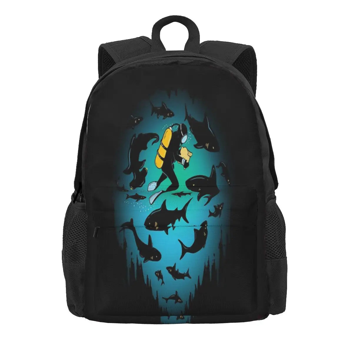 Funny Shark And Diver Backpacks Zip Pockets Men's Women's School Bags
