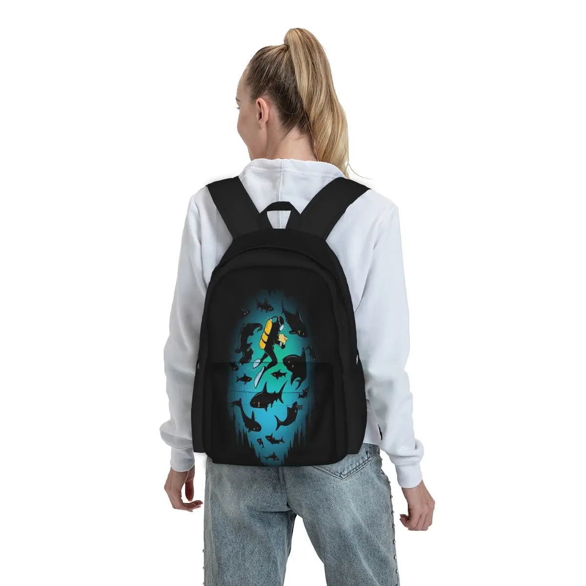 Funny Shark And Diver Backpacks Zip Pockets Men's Women's School Bags