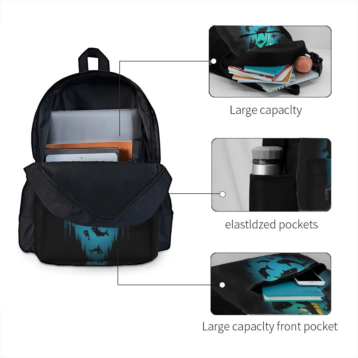 Funny Shark And Diver Backpacks Zip Pockets Men's Women's School Bags