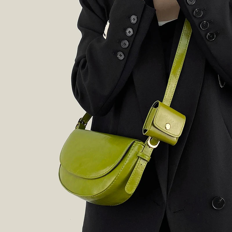 Vintage Oil Wax Skin Semicircle Saddle Bag Small Lady Shoulder Bag Green