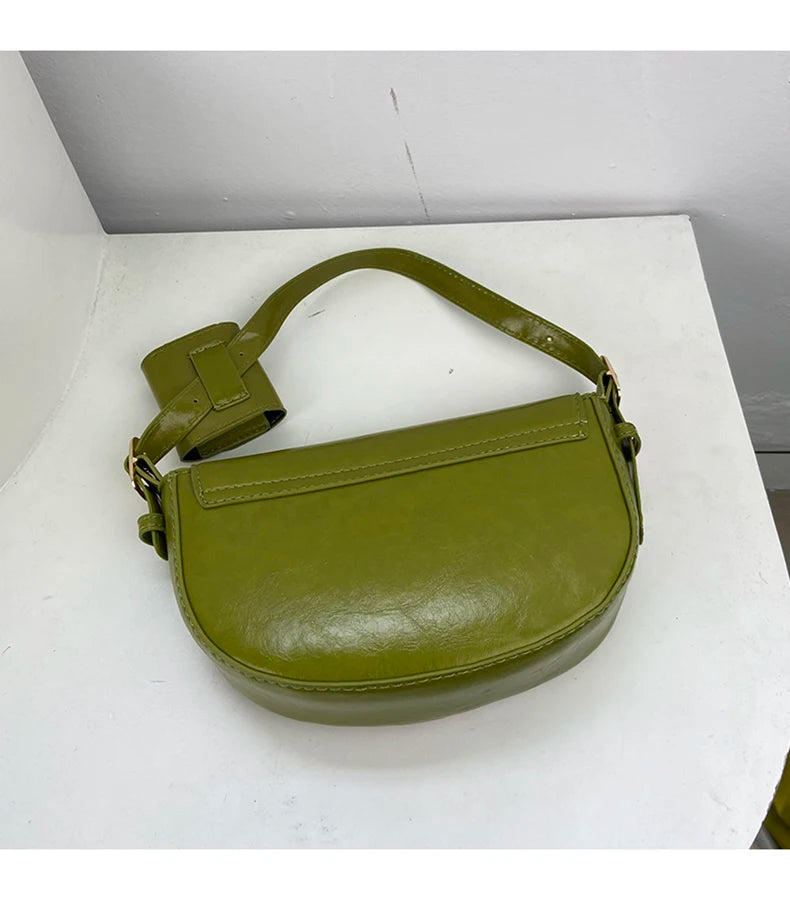 Vintage Oil Wax Skin Semicircle Saddle Bag Small Lady Shoulder Bag Green