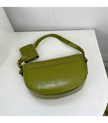 Vintage Oil Wax Skin Semicircle Saddle Bag Small Lady Shoulder Bag Green