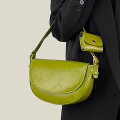 Vintage Oil Wax Skin Semicircle Saddle Bag Small Lady Shoulder Bag Green