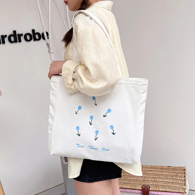 Harajuku Brother Canvas Bag Small Flower Large Capacity Shopping Bag