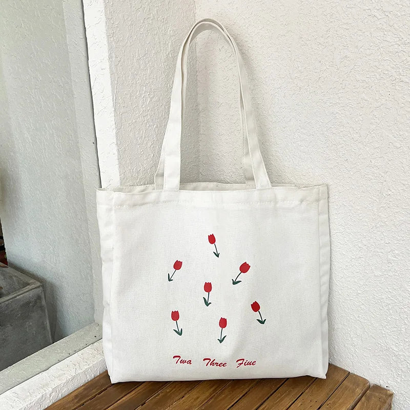 Harajuku Brother Canvas Bag Small Flower Large Capacity Shopping Bag