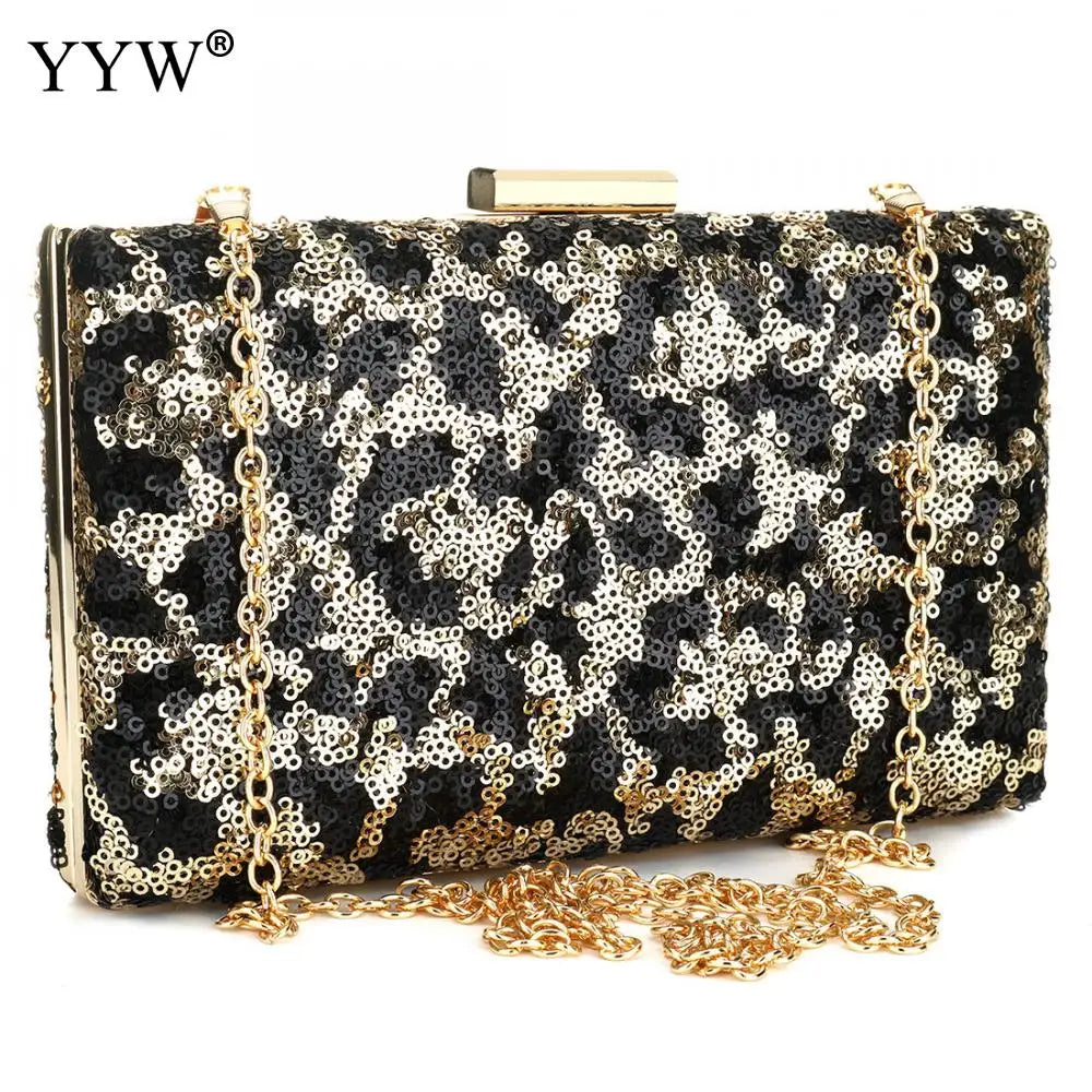 Leopard Sequin Box Clutch Bag Evening Party Crossbody Chain Vintage Crystal
