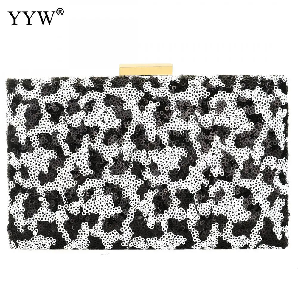 Leopard Sequin Box Clutch Bag Evening Party Crossbody Chain Vintage Crystal