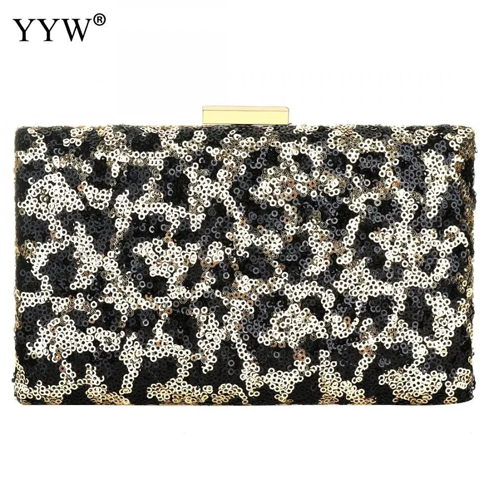 Leopard Sequin Box Clutch Bag Evening Party Crossbody Chain Vintage Crystal
