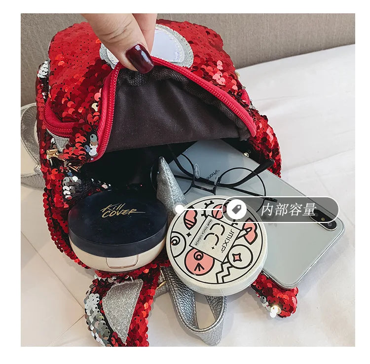 Sequins Kid Bags Small School Backpack Girls 5-8 Pu Silver Heart Patch