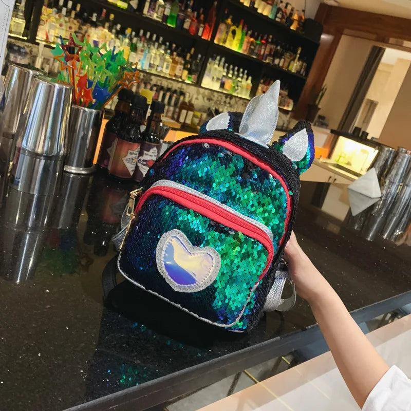 Sequins Kid Bags Small School Backpack Girls 5-8 Pu Silver Heart Patch