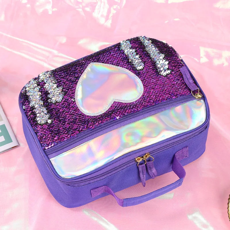 Kids Sequins Insulated Lunch Box Glitter Tote Bag Handbag